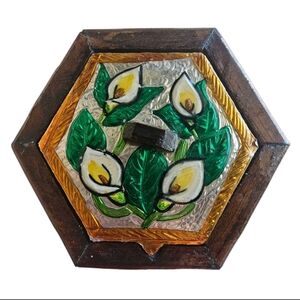 vintage octagonal Wooden Jewelry or Trinket Box With Floral Foil Lid 5.5"